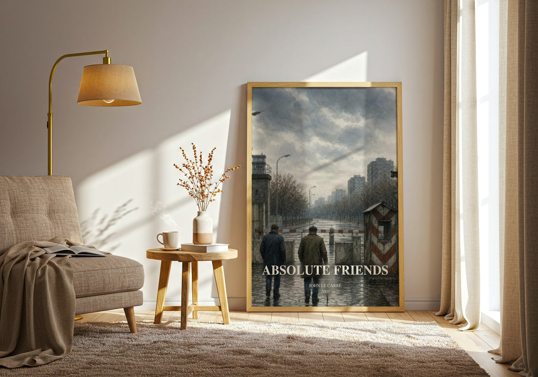 Absolute Friends watercolour print in frame leaning in hallway – thriller wall art (mockup)