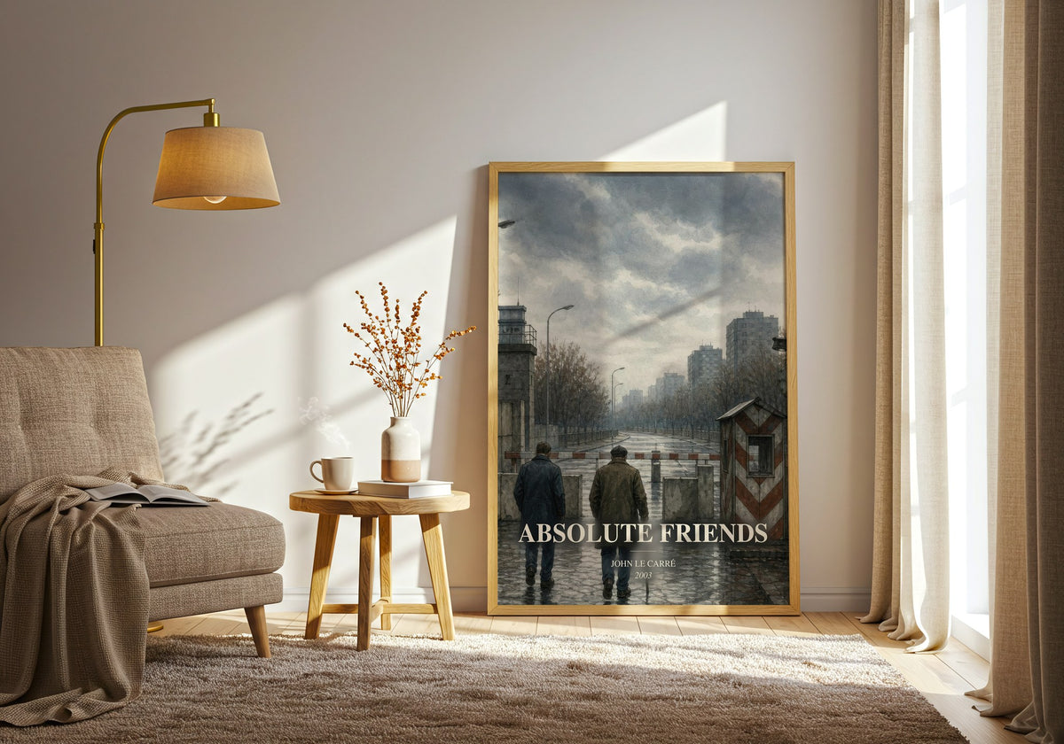 Absolute Friends watercolour print in frame leaning in hallway – thriller wall art (mockup)