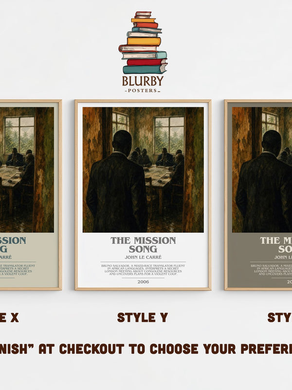 The Mission Song bookish print in frame leaning in hallway – thriller wall art