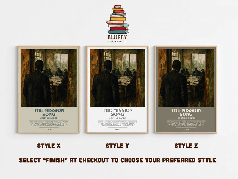 The Mission Song bookish print in frame leaning in hallway – thriller wall art
