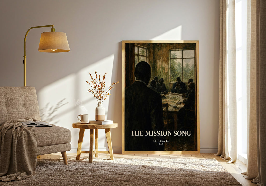 The Mission Song watercolour print in frame leaning in hallway – thriller wall art (mockup)