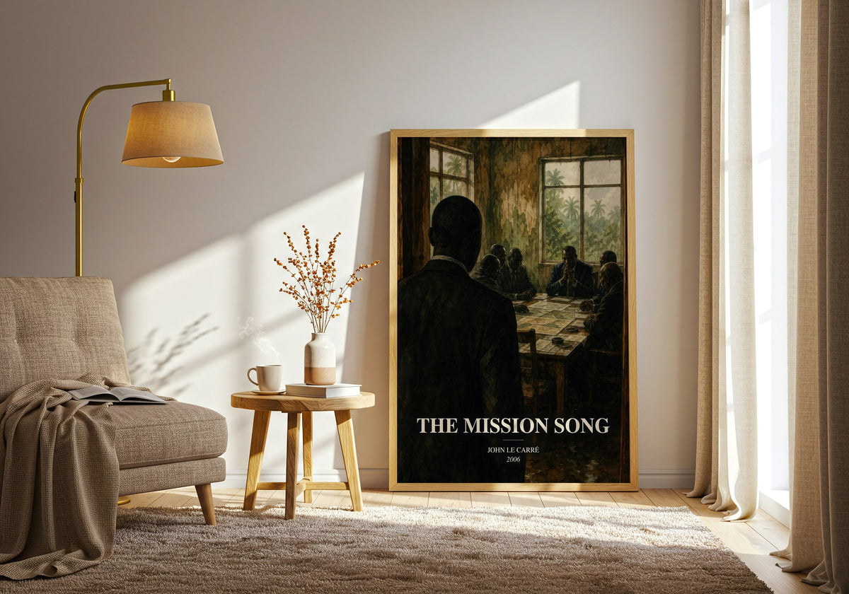 The Mission Song watercolour print in frame leaning in hallway – thriller wall art (mockup)