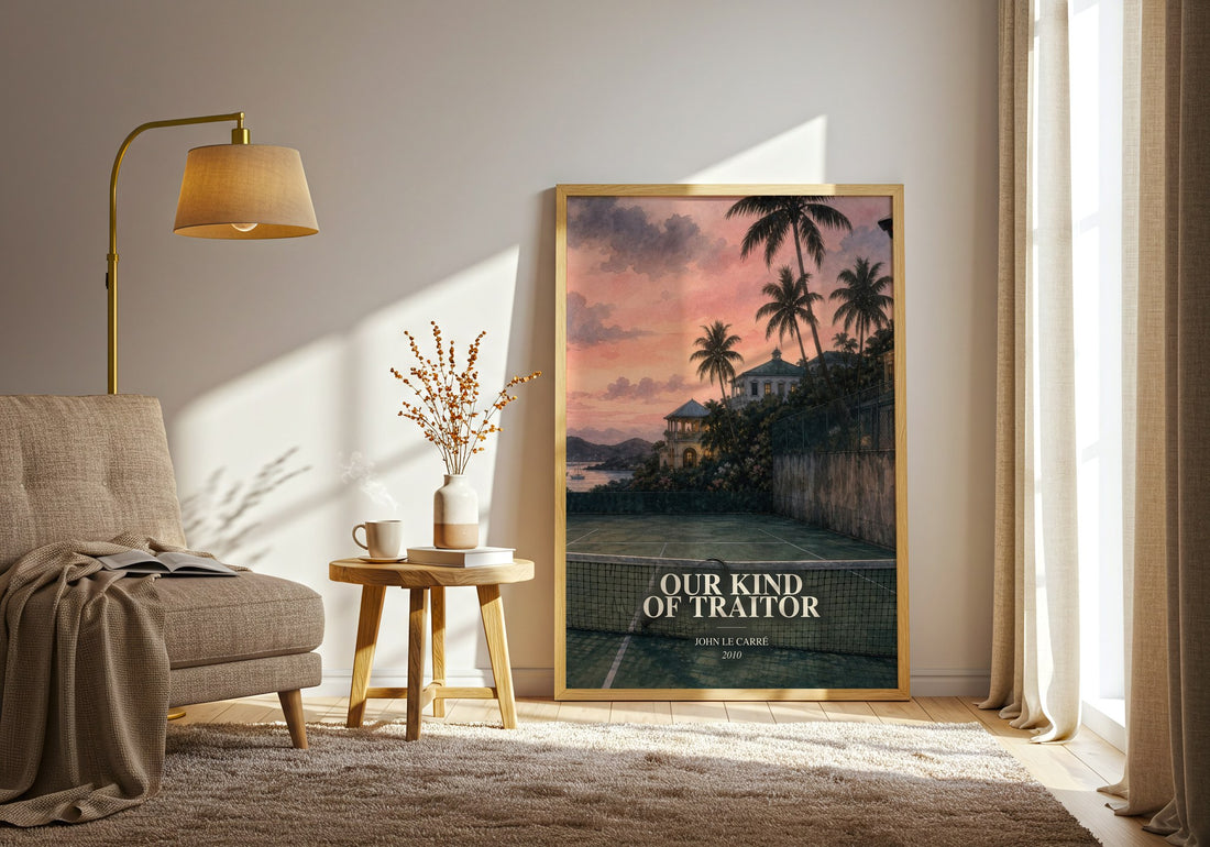 Our Kind of Traitor watercolour print in frame leaning in hallway – thriller wall art (mockup)