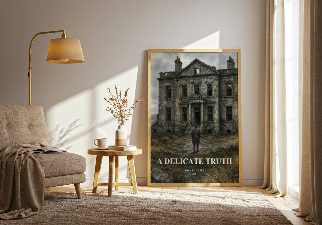 A Delicate Truth watercolour print in frame leaning in hallway – thriller wall art (mockup)