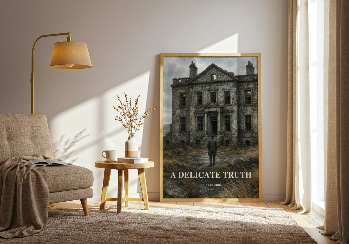 A Delicate Truth watercolour print in frame leaning in hallway – thriller wall art (mockup)
