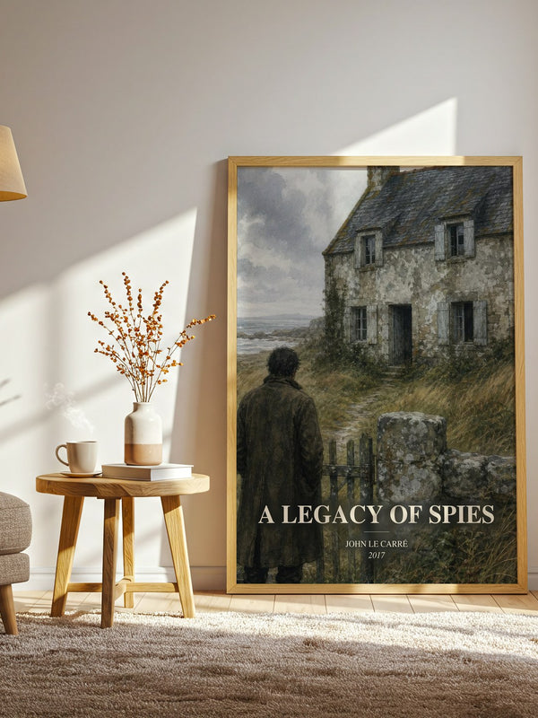 A Legacy of Spies watercolour print in frame leaning in hallway – thriller wall art