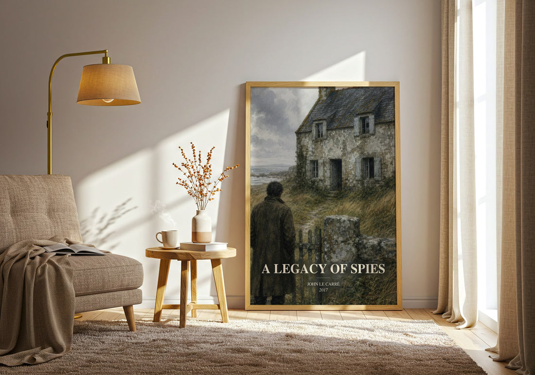 A Legacy of Spies watercolour print in frame leaning in hallway – thriller wall art (mockup)
