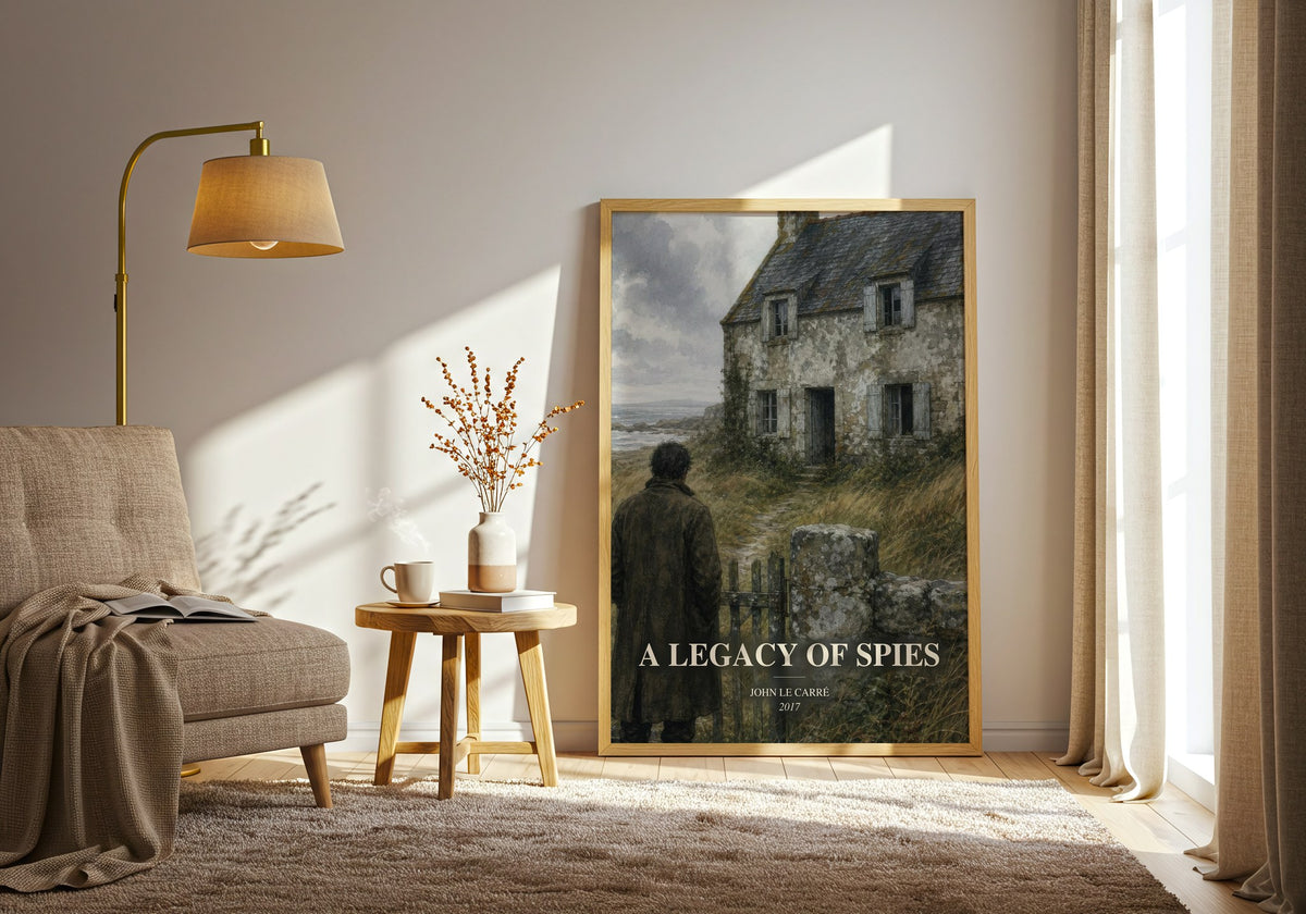 A Legacy of Spies watercolour print in frame leaning in hallway – thriller wall art (mockup)