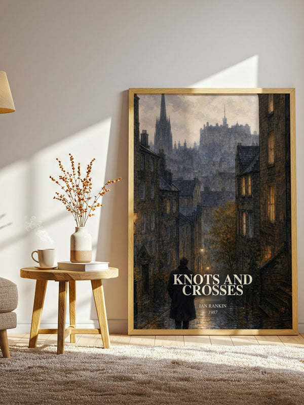 Knots and Crosses watercolour print in frame leaning in hallway – crime wall art