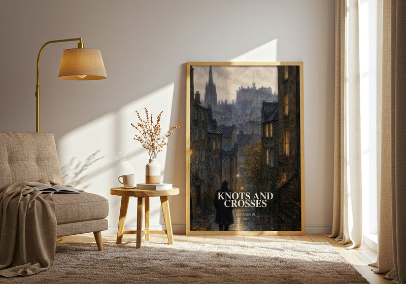 Knots and Crosses watercolour print in frame leaning in hallway – crime wall art