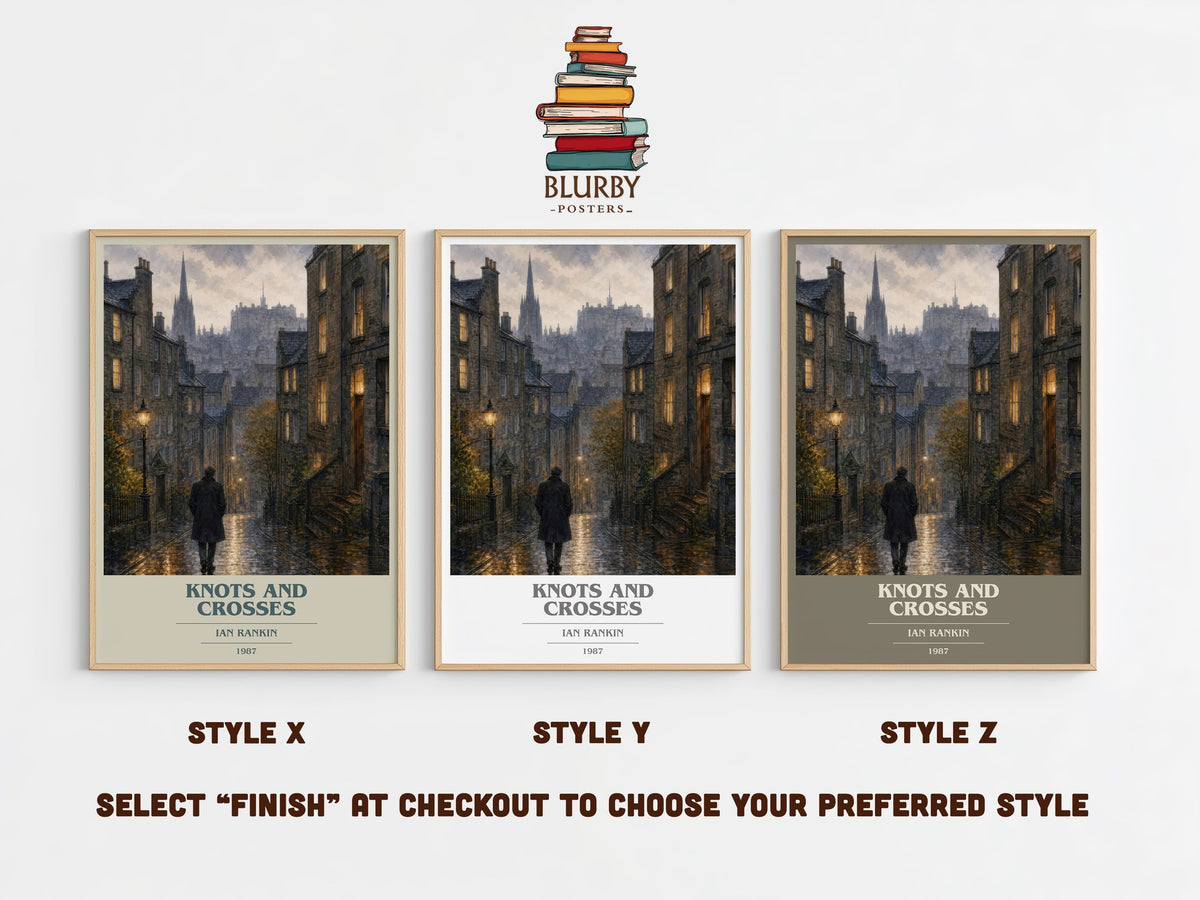 Knots and Crosses book cover print in frame leaning in hallway – crime wall art (mockup)