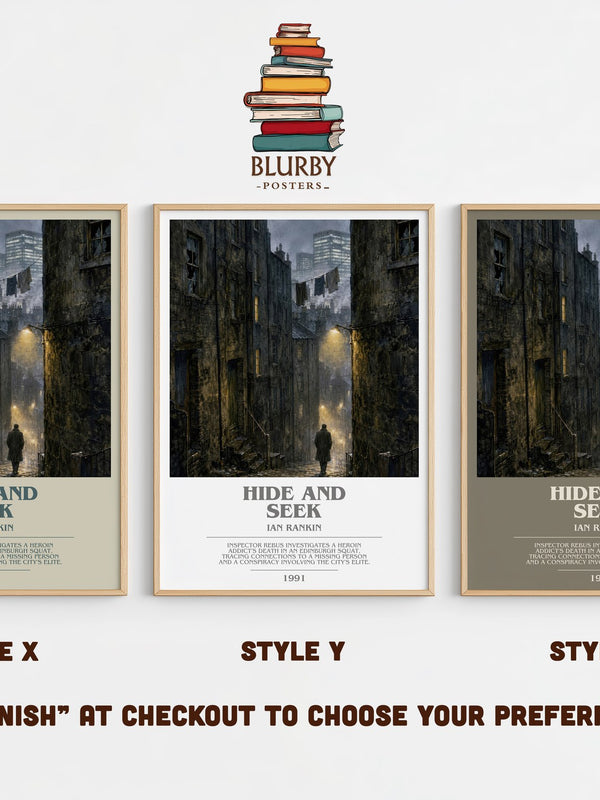 Hide and Seek bookish print in frame leaning in hallway – crime wall art