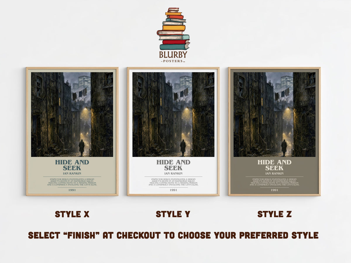 Hide and Seek bookish print in frame leaning in hallway – crime wall art (mockup)