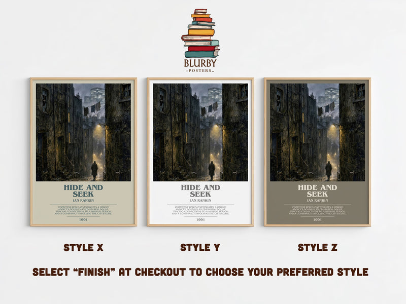 Hide and Seek bookish print in frame leaning in hallway – crime wall art