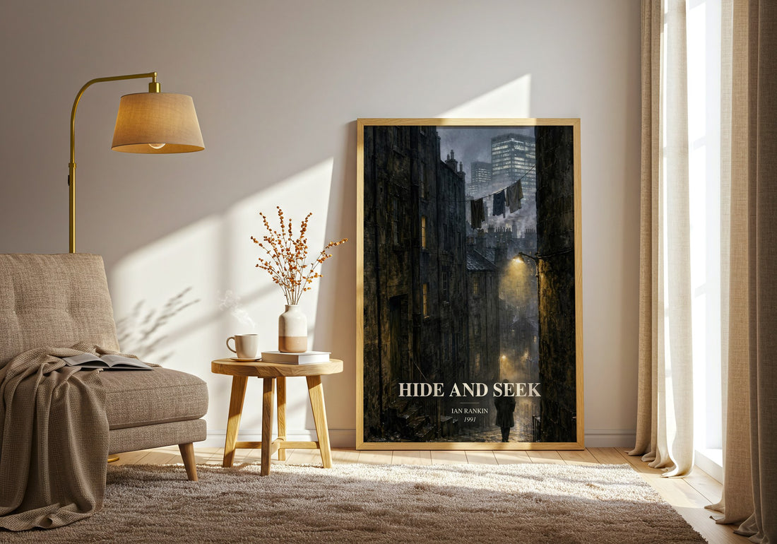 Hide and Seek watercolour print in frame leaning in hallway – crime wall art (mockup)