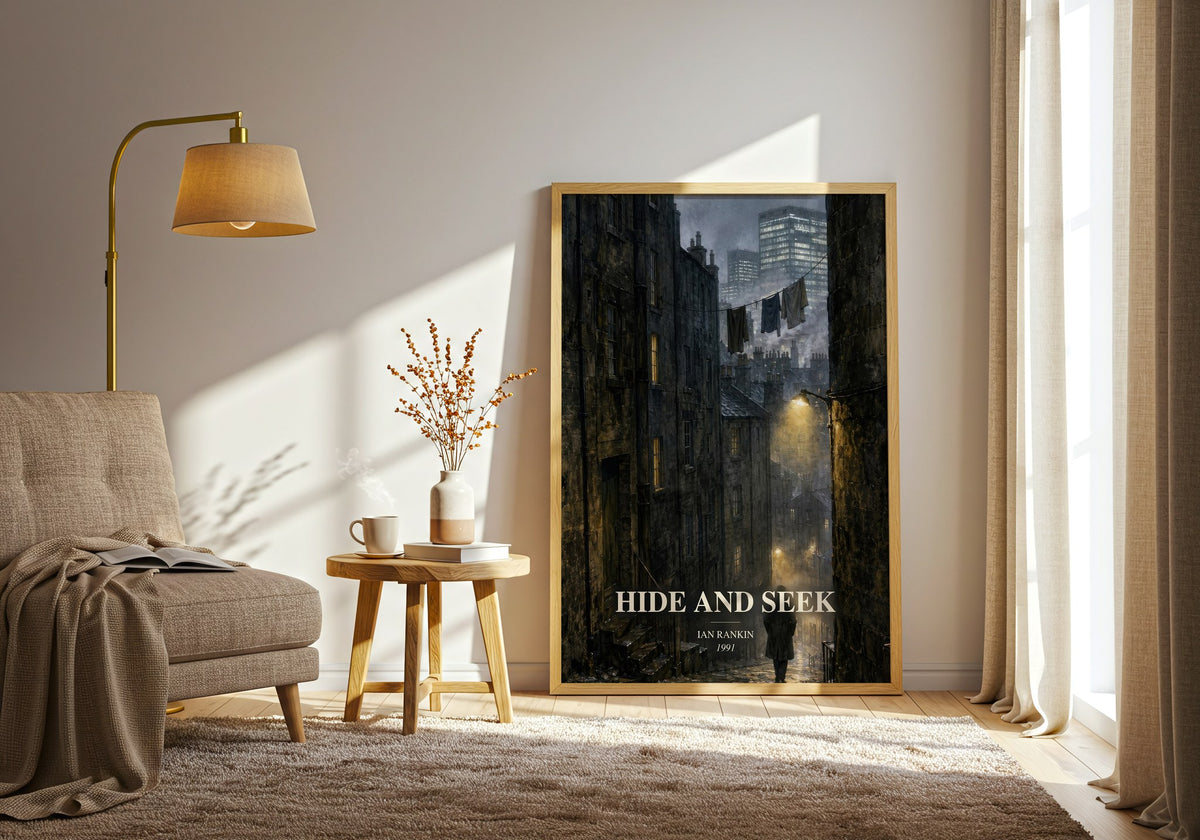 Hide and Seek watercolour print in frame leaning in hallway – crime wall art (mockup)