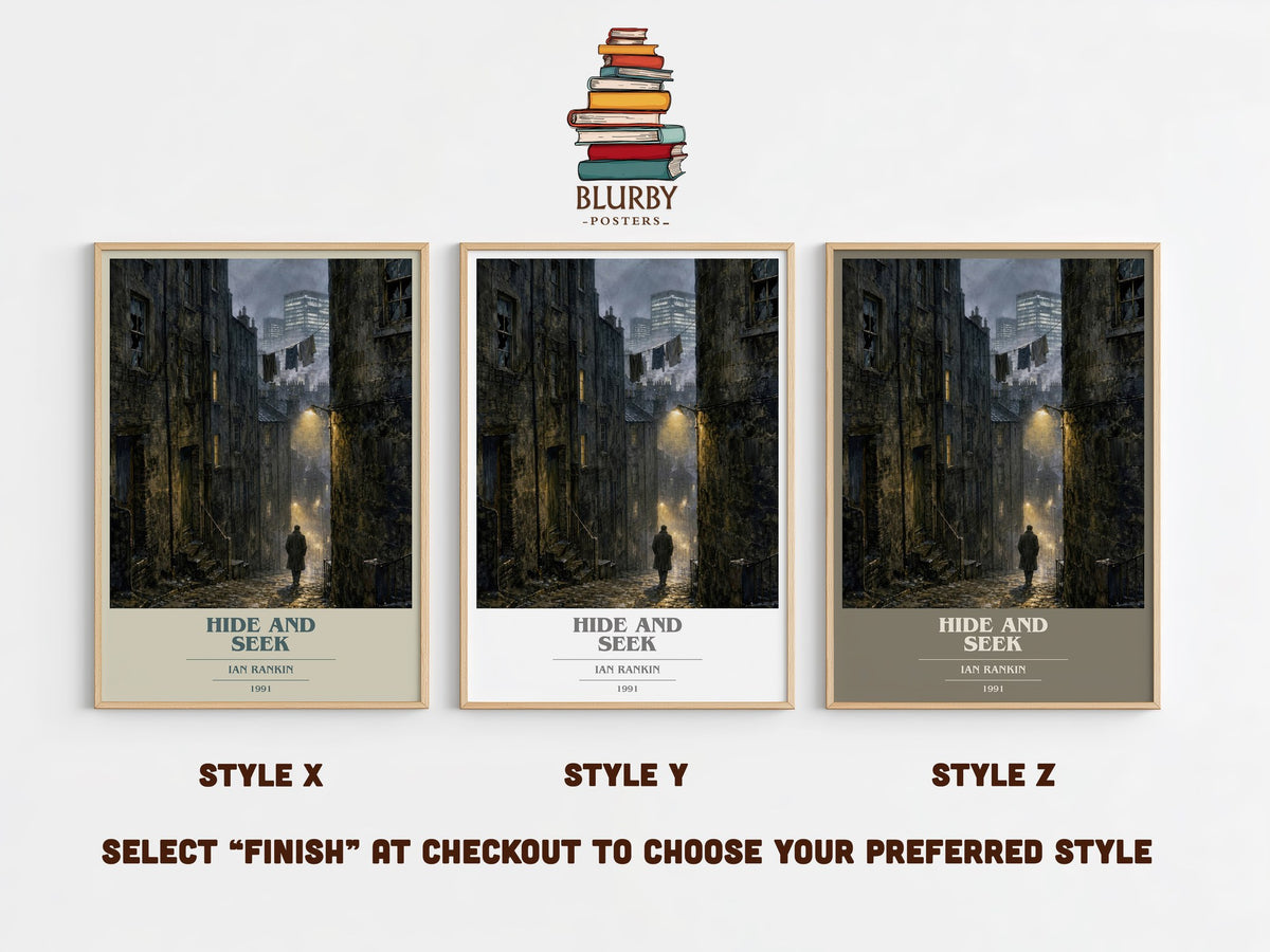 Hide and Seek book cover print in frame leaning in hallway – crime wall art (mockup)