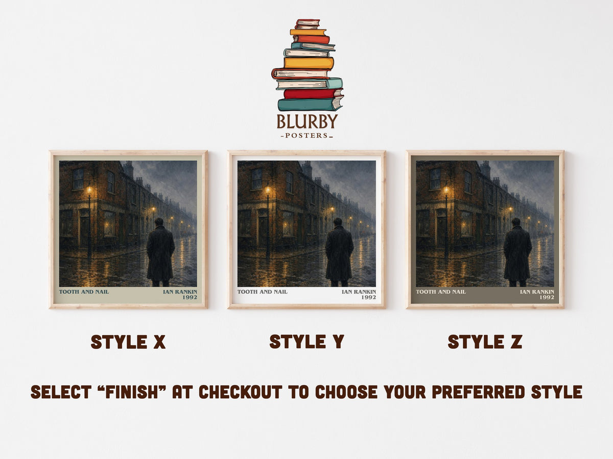 Tooth and Nail literary print in frame leaning in hallway – crime wall art (mockup)