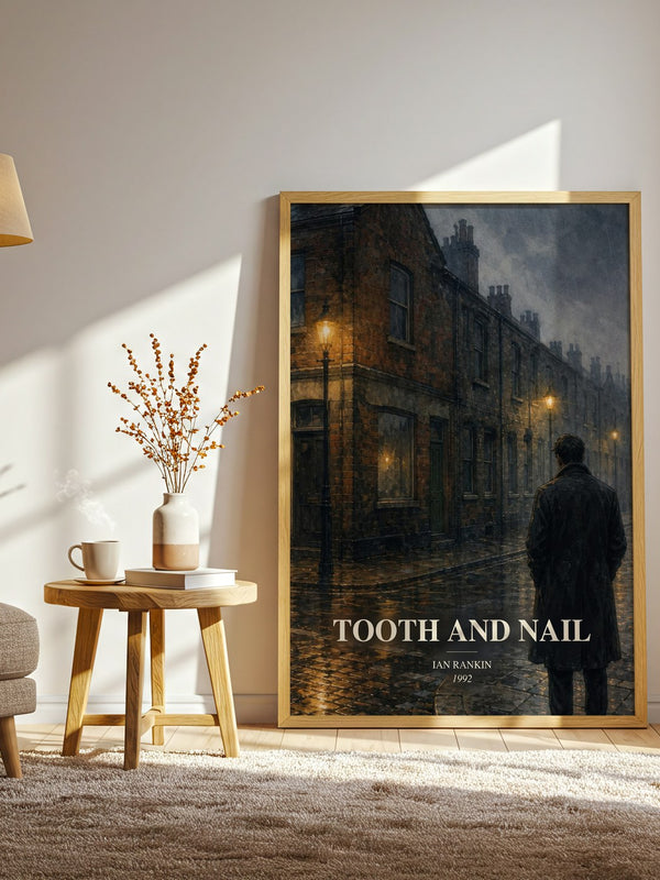Tooth and Nail watercolour print in frame leaning in hallway – crime wall art