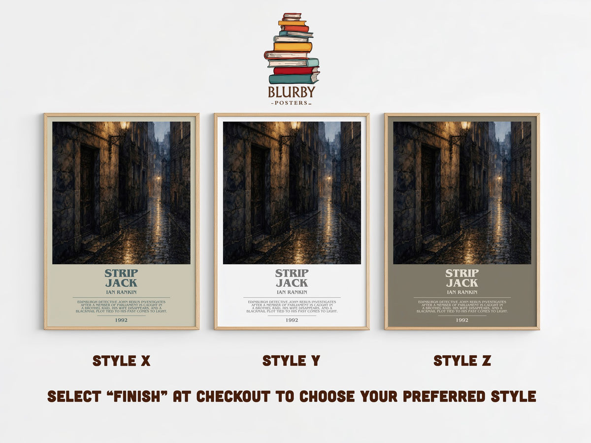 Strip Jack bookish print in frame leaning in hallway – crime wall art (mockup)