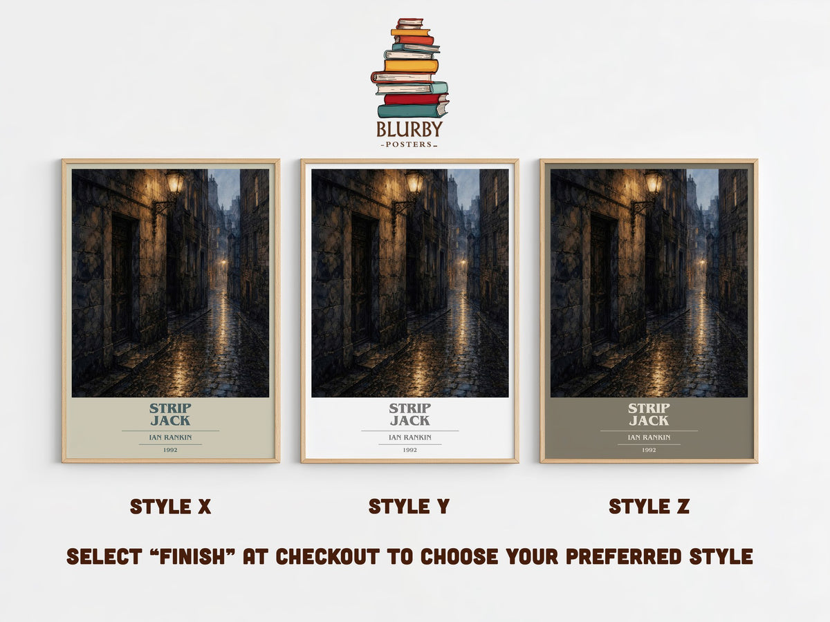 Strip Jack book cover print in frame leaning in hallway – crime wall art (mockup)
