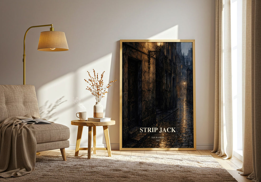 Strip Jack watercolour print in frame leaning in hallway – crime wall art (mockup)