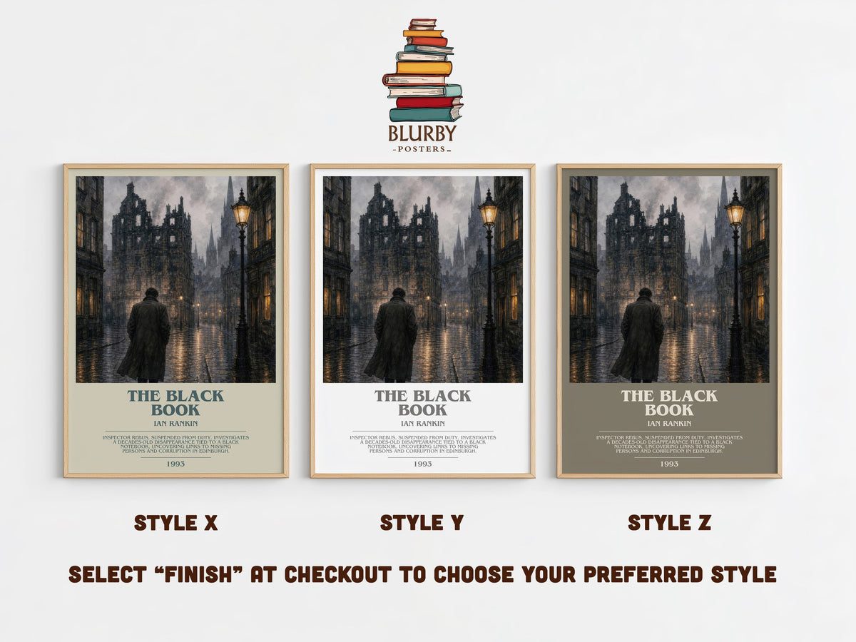 The Black Book bookish print in frame leaning in hallway – crime wall art (mockup)