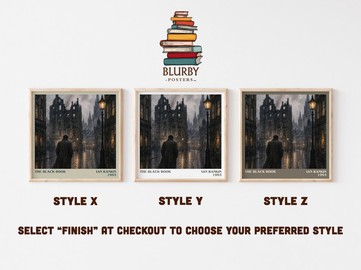 The Black Book literary print in frame leaning in hallway – crime wall art (mockup)
