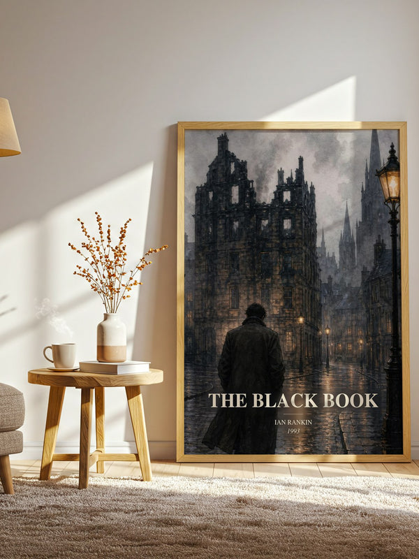 The Black Book watercolour print in frame leaning in hallway – crime wall art