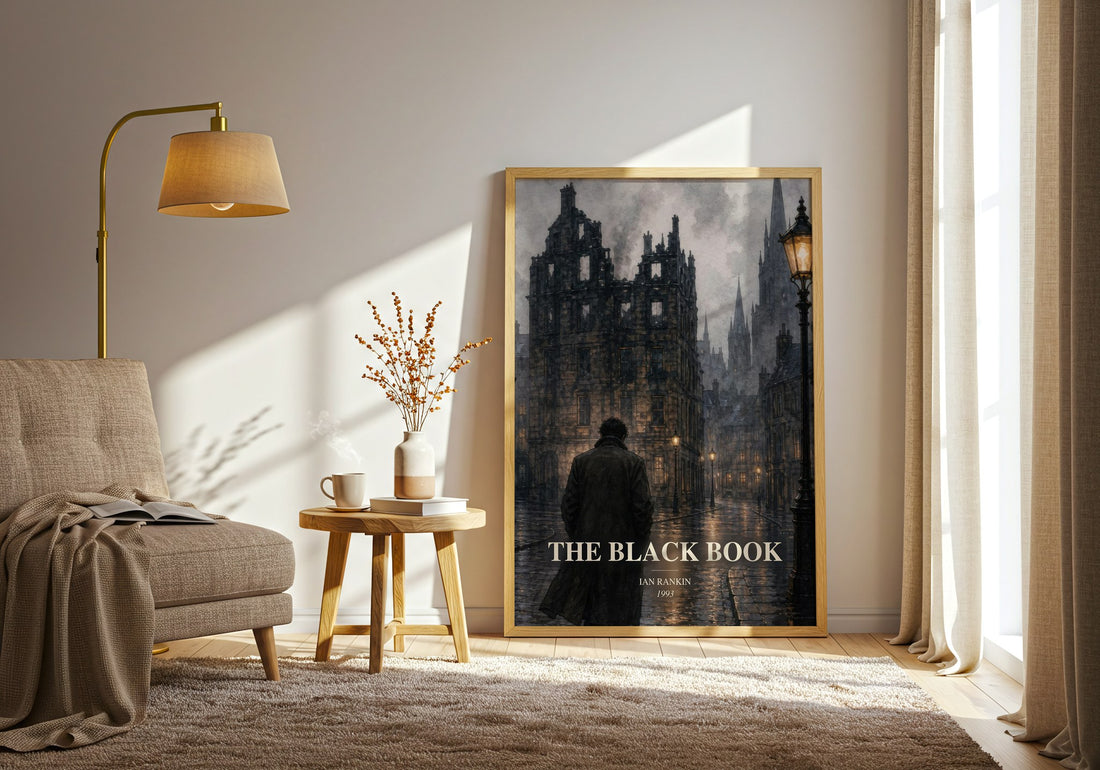 The Black Book watercolour print in frame leaning in hallway – crime wall art (mockup)