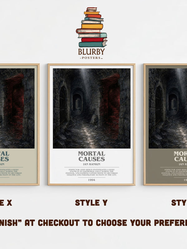 Mortal Causes bookish print in frame leaning in hallway – crime wall art