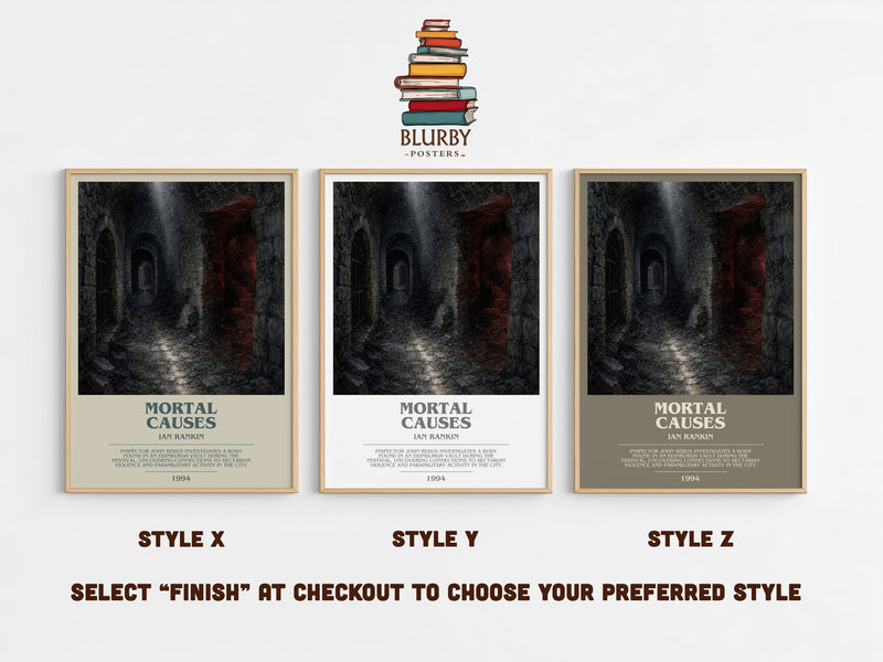Mortal Causes bookish print in frame leaning in hallway – crime wall art
