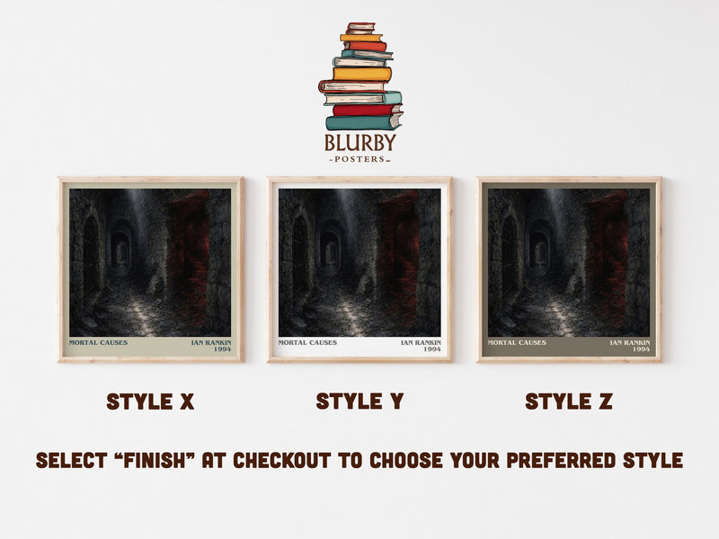 Mortal Causes literary print in frame leaning in hallway – crime wall art