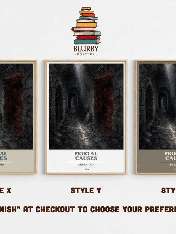 Mortal Causes book cover print in frame leaning in hallway – crime wall art