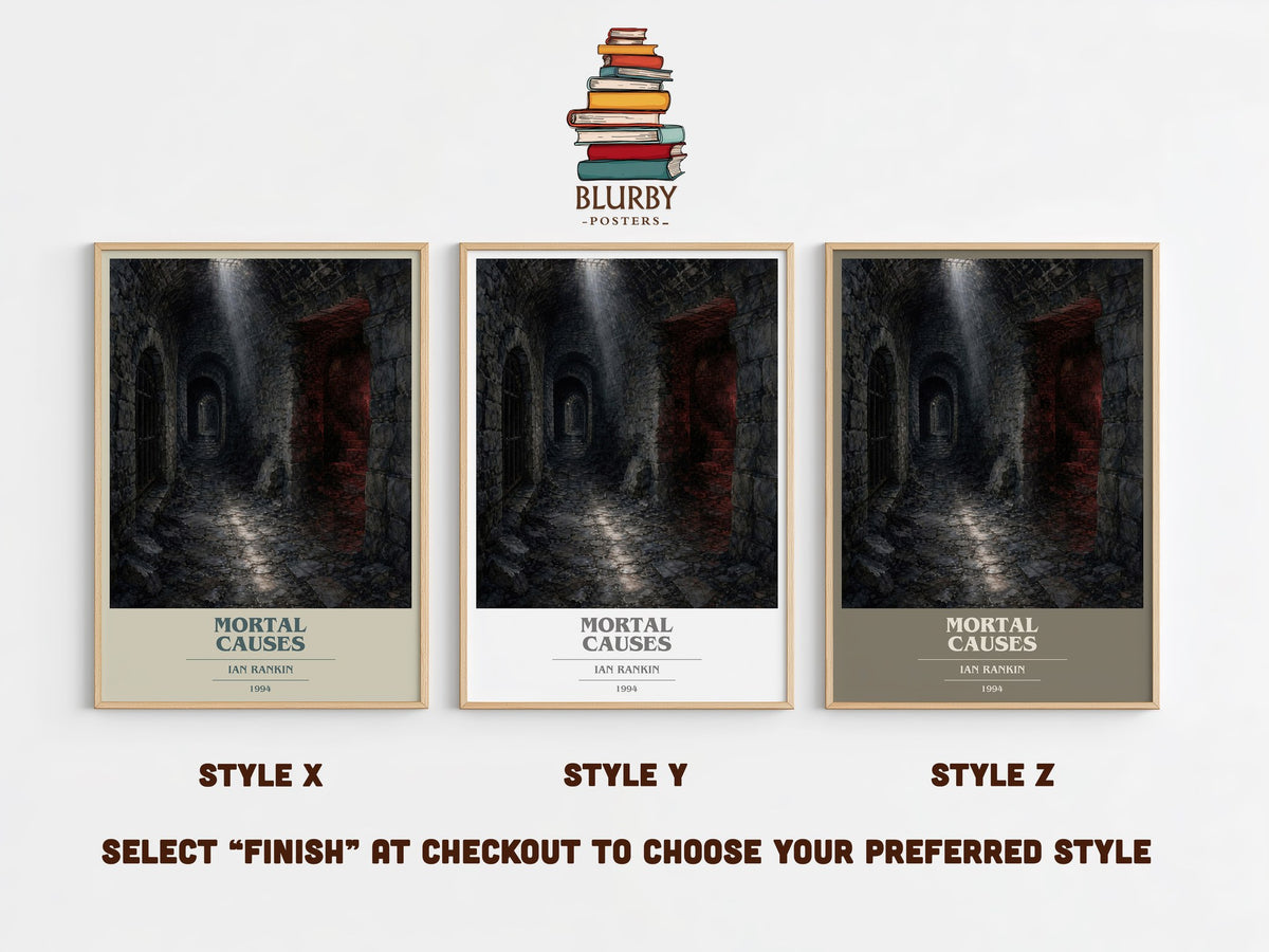 Mortal Causes book cover print in frame leaning in hallway – crime wall art (mockup)