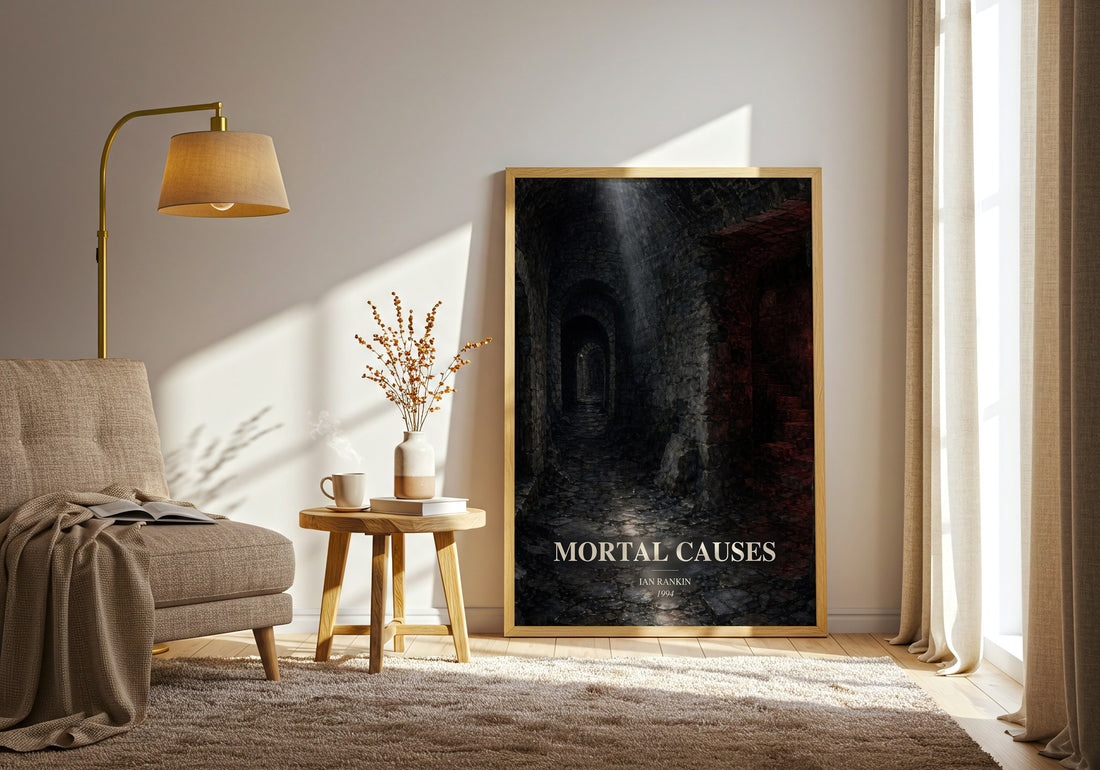 Mortal Causes watercolour print in frame leaning in hallway – crime wall art (mockup)