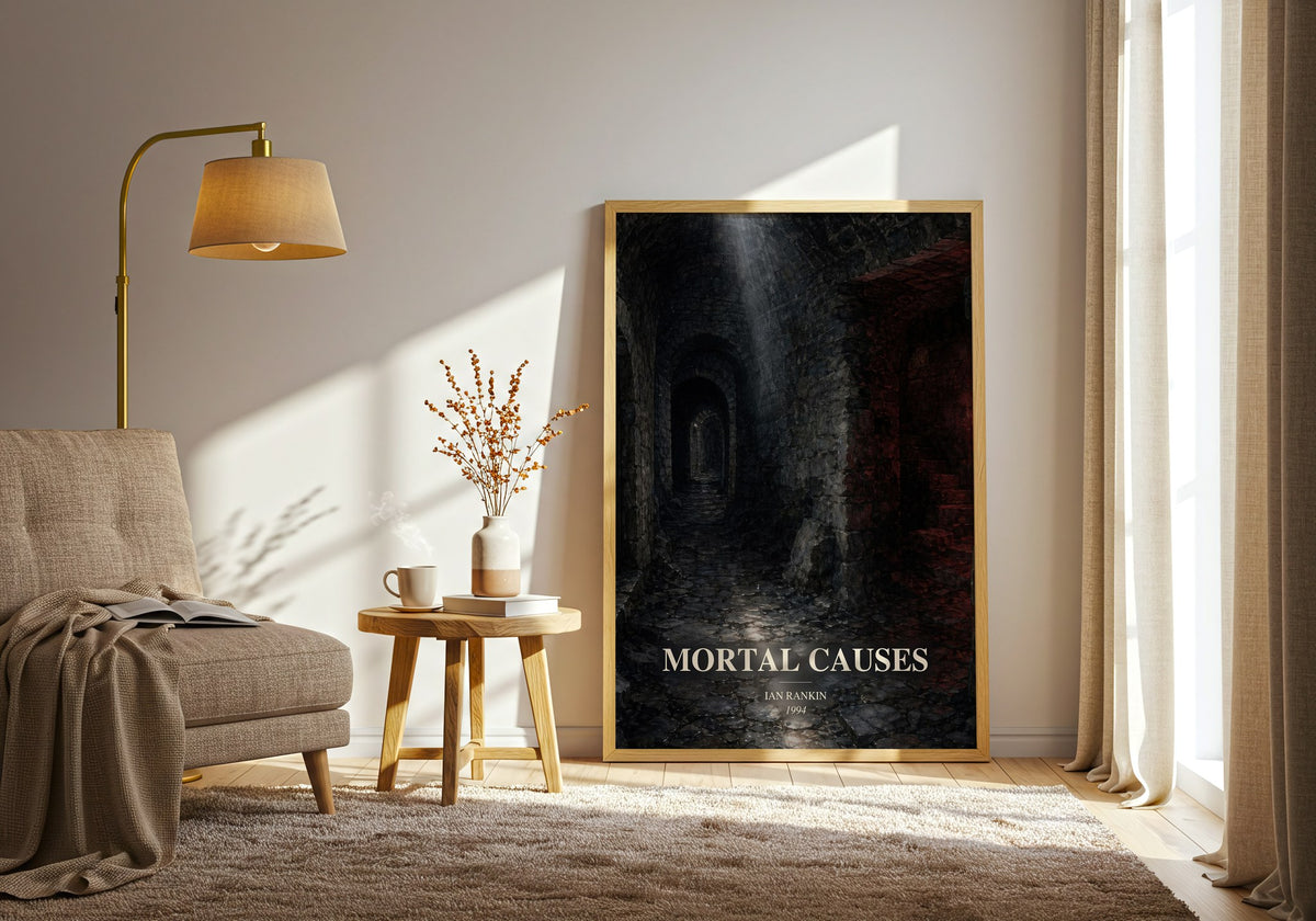 Mortal Causes watercolour print in frame leaning in hallway – crime wall art (mockup)