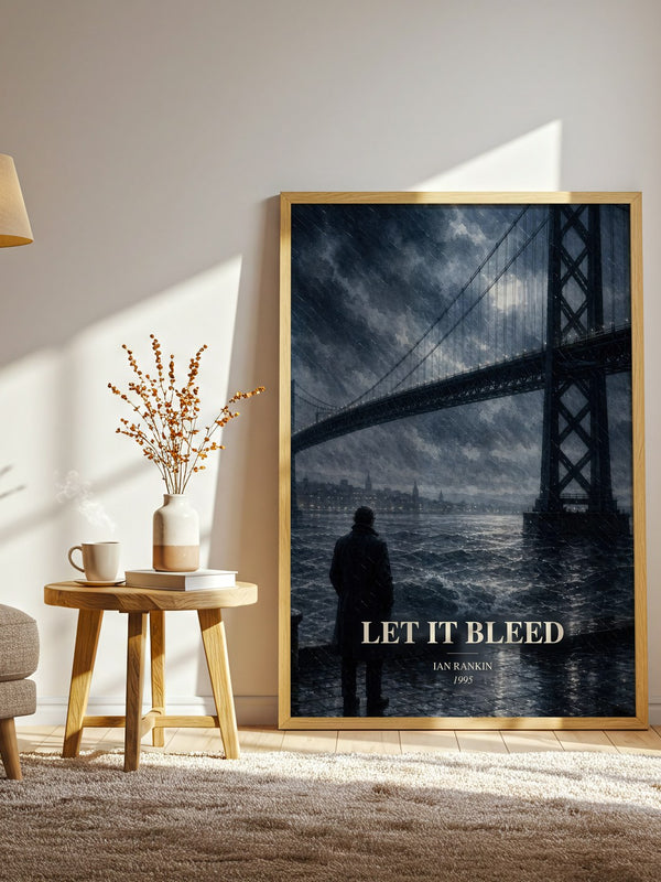 Let It Bleed watercolour print in frame leaning in hallway – crime wall art
