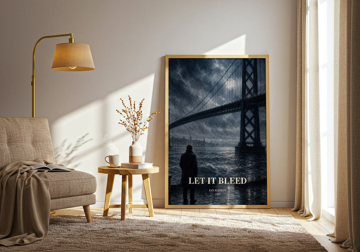 Let It Bleed watercolour print in frame leaning in hallway – crime wall art (mockup)