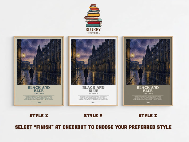 Black and Blue bookish print in frame leaning in hallway – crime wall art