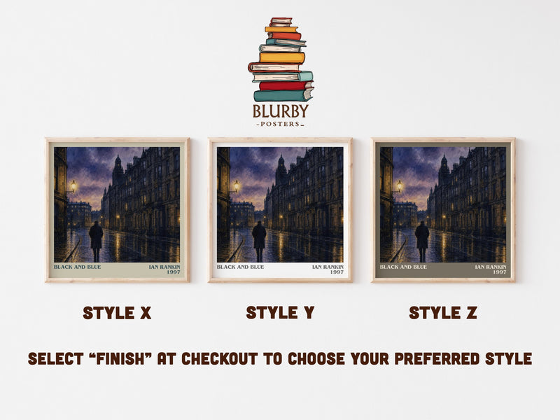 Black and Blue literary print in frame leaning in hallway – crime wall art