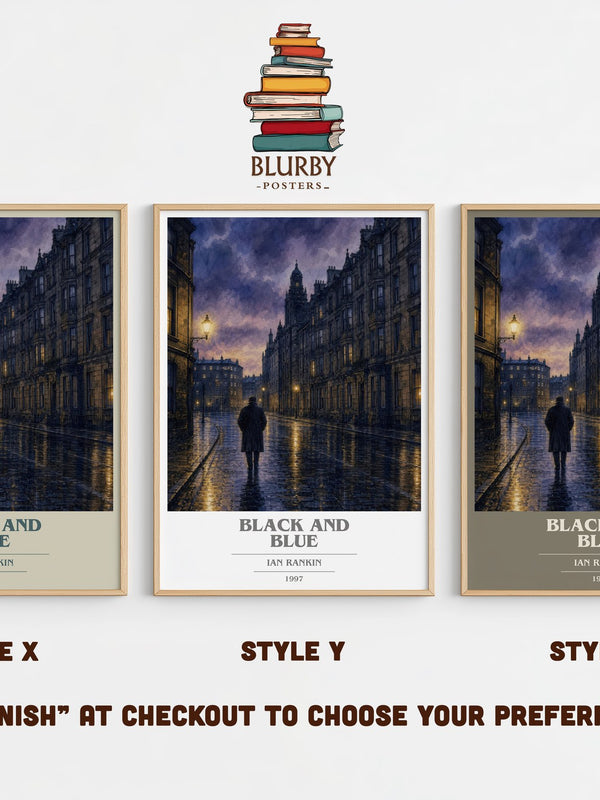 Black and Blue book cover print in frame leaning in hallway – crime wall art