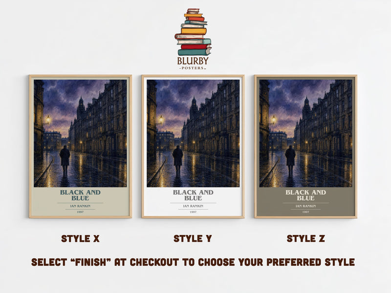 Black and Blue book cover print in frame leaning in hallway – crime wall art