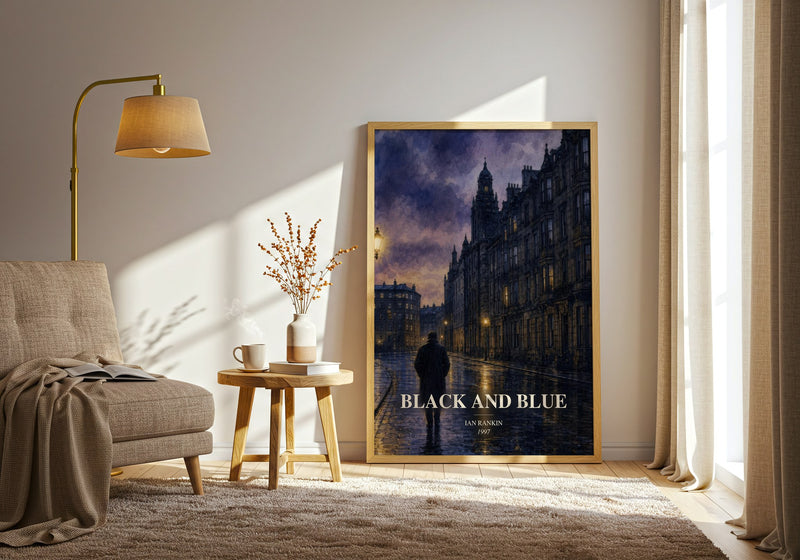 Black and Blue watercolour print in frame leaning in hallway – crime wall art