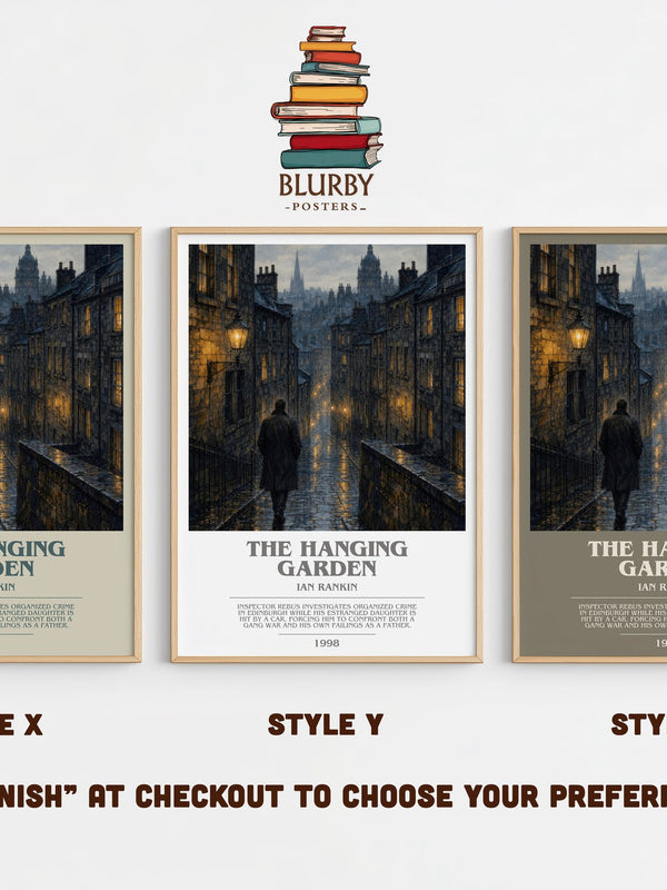 The Hanging Garden bookish print in frame leaning in hallway – crime wall art
