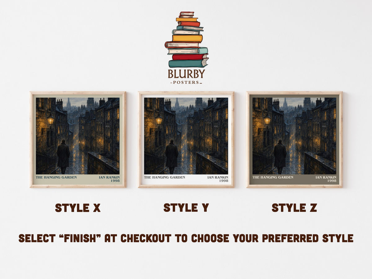 The Hanging Garden literary print in frame leaning in hallway – crime wall art (mockup)