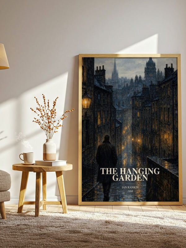 The Hanging Garden watercolour print in frame leaning in hallway – crime wall art
