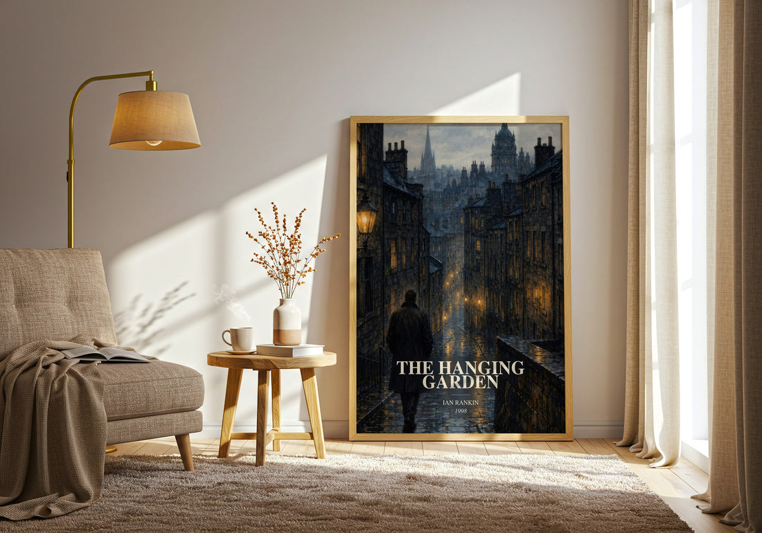 The Hanging Garden watercolour print in frame leaning in hallway – crime wall art (mockup)