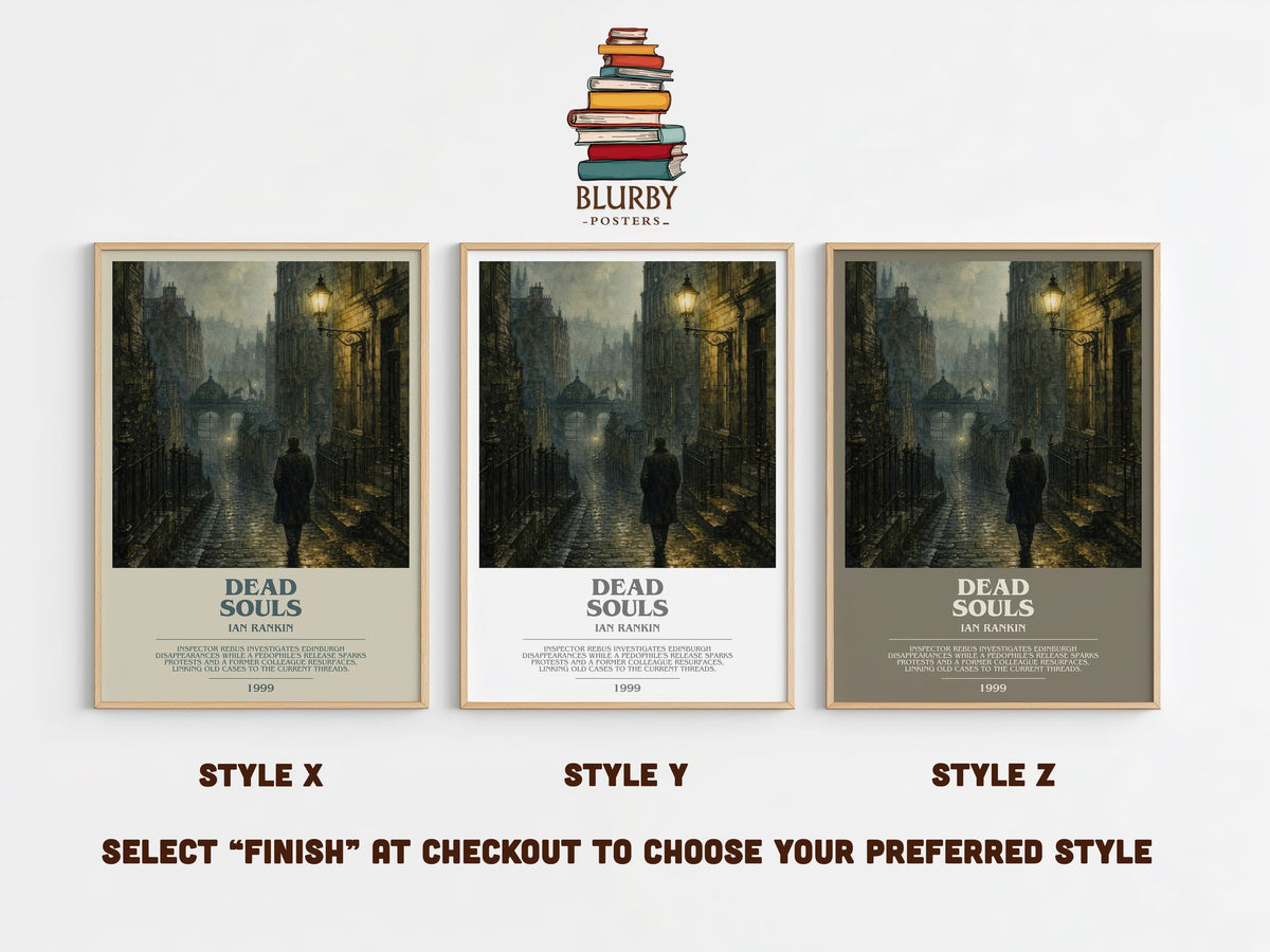 Dead Souls bookish print in frame leaning in hallway – crime wall art (mockup)