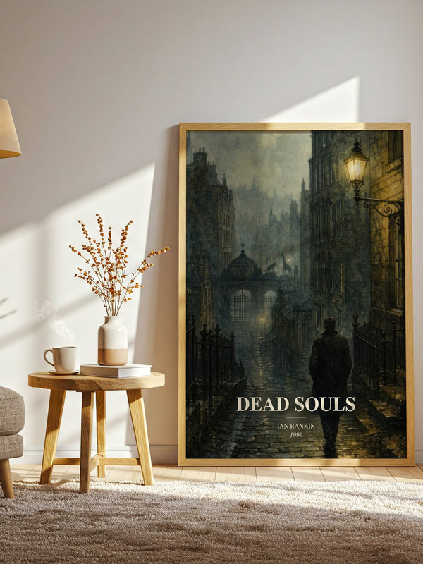 Dead Souls watercolour print in frame leaning in hallway – crime wall art